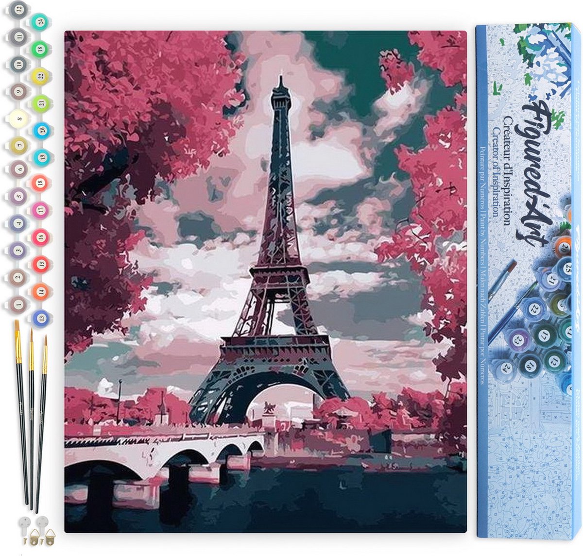 FiguredArt Schilderen op Nummer Volwassenen canvas Eiffeltoren in lenteroze kleuren - Handwerk acrylverf Kit DIY Compleet - 40x50cm zonder frame